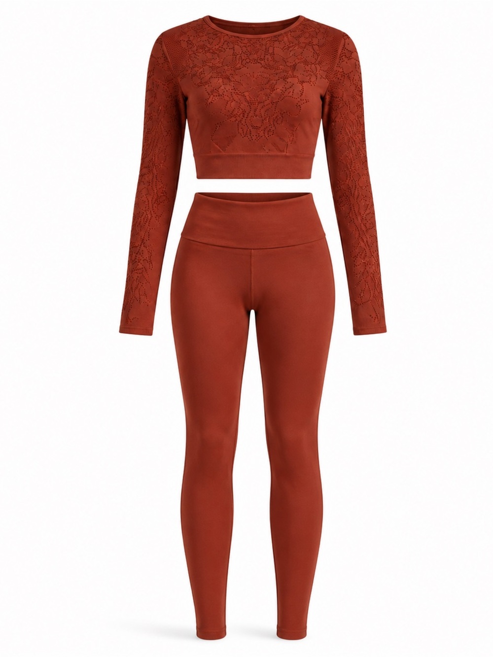 Fabletics Rust Terracotta 2-Piece Activewear Set – Leggings & Lace Detail Top